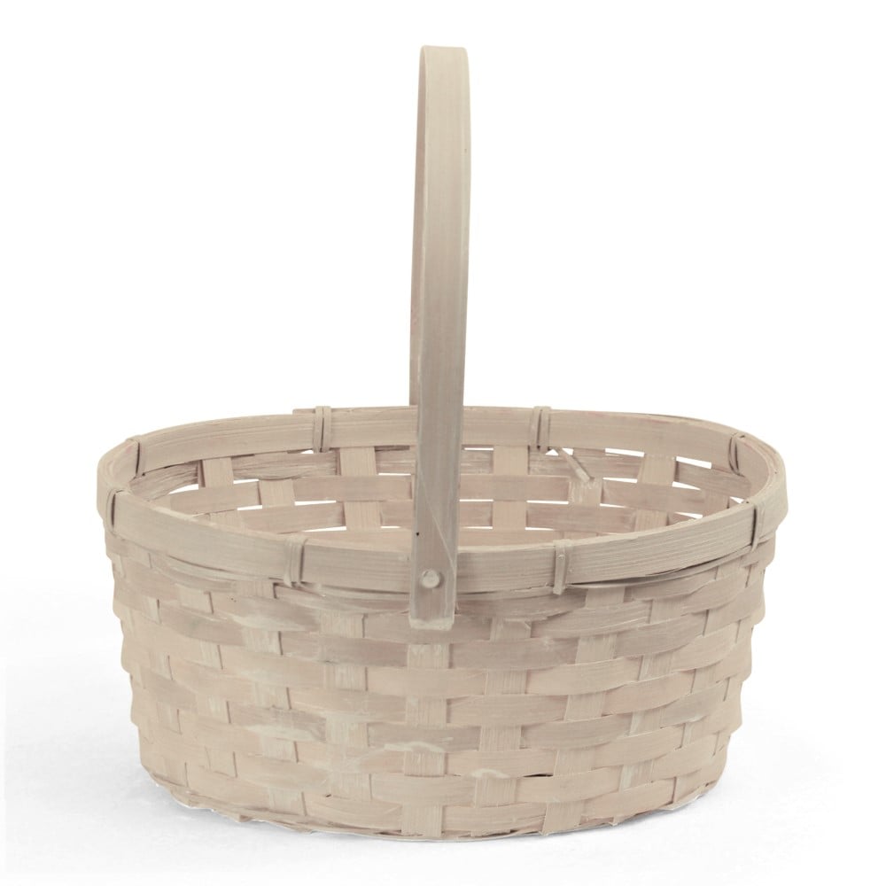 [AX920] Oval Antique White Bamboo Basket with Swing Handle - 10" x 7½" x 4½"