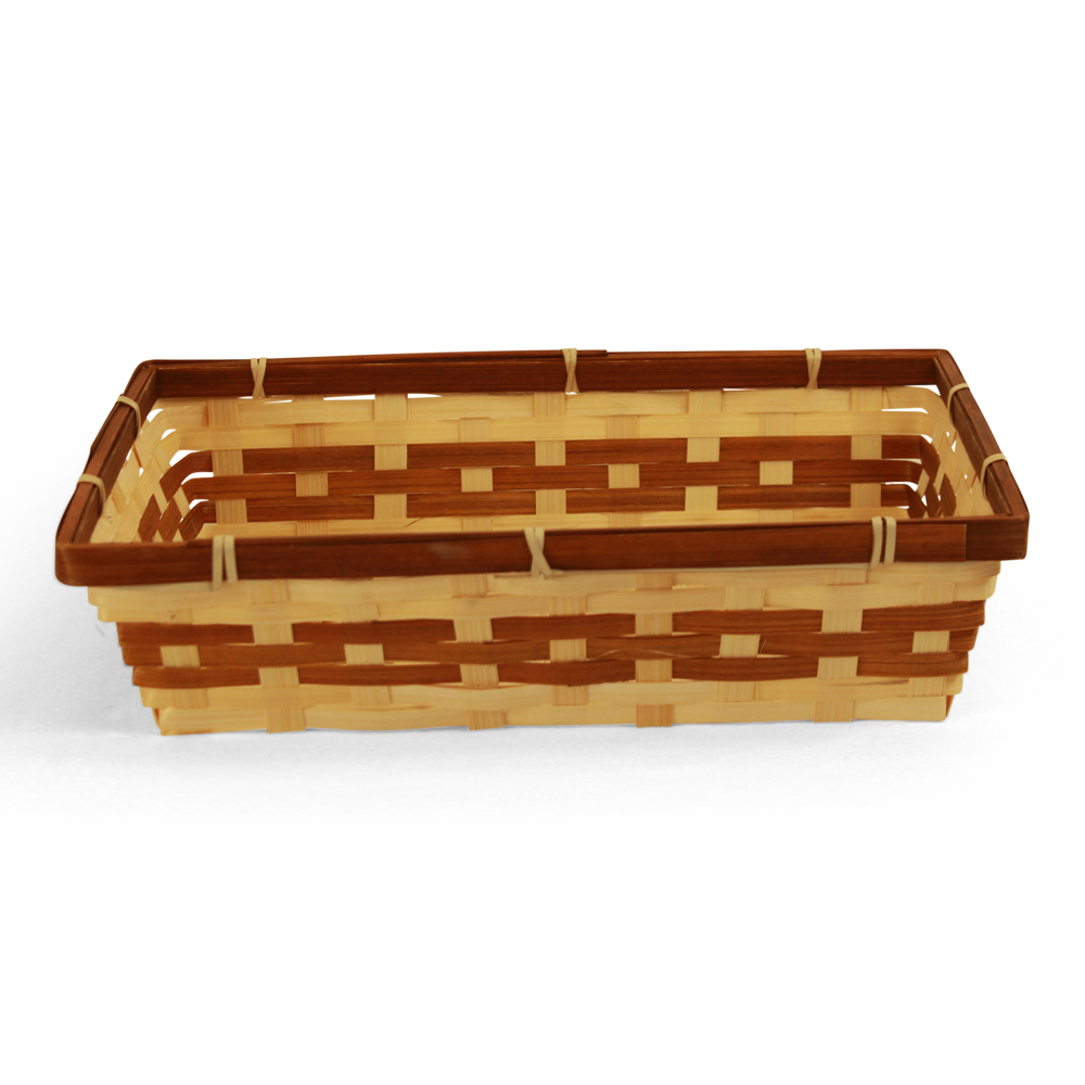 [AX651] Rectangular Natural Bamboo Basket with Brown Trim and Weave - 12½" x 9½" x 3"