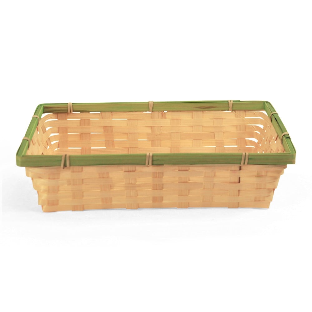 [AX653] Panier rectangulaire en bambou naturel avec bordure vert lime - 12½" x 9½" x 3"
