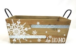 [FZW700] Rectangular Natural Wood Container with Metal Accents & Handles - "Ho HO HO"  14" x 9" x 5½"