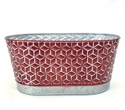 [FZ640] Oval Galvanized Metal Container with Red Geometric Design 13" x 8" x 6"