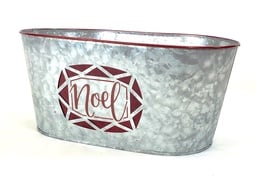 [FZ620] Oval Galvanized Metal Container with Red Trim "Noel"  13" x 8" x 6" 
