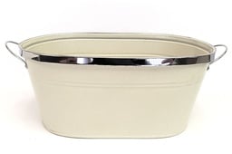 [FZ170TWH] Oval White Metal Container with Silver Trim & Handles - 10½" x 5¾" x 4¾"